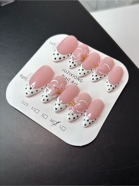 Polka Dot French Almond Press On Nails With Floral Details Size Medium New